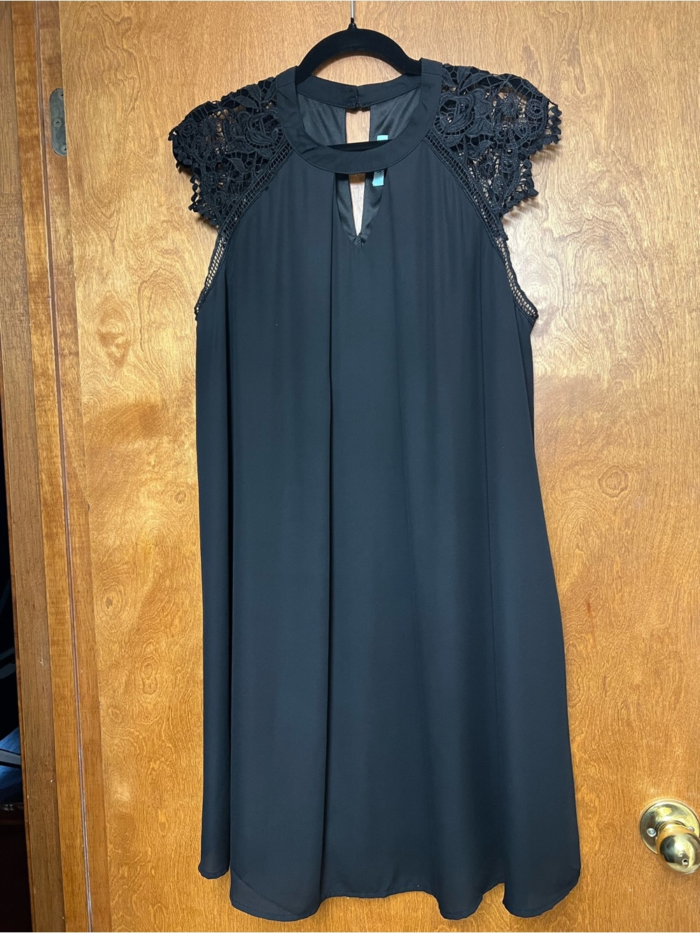 She + Sky Black Mini Dress with Lace Cap Sleeves